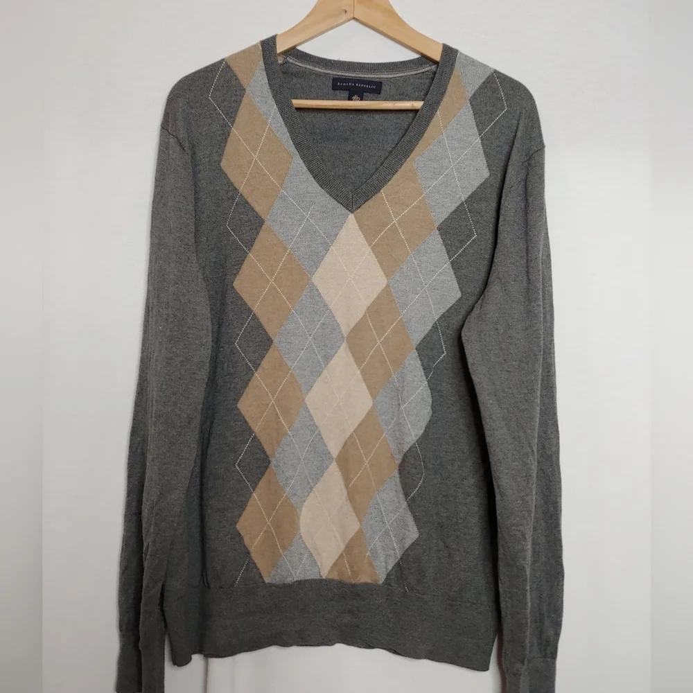 Banana Republic Argyle Pullover Sweater Gray Tan Cream Silk Cotton‎ Cashmere XL